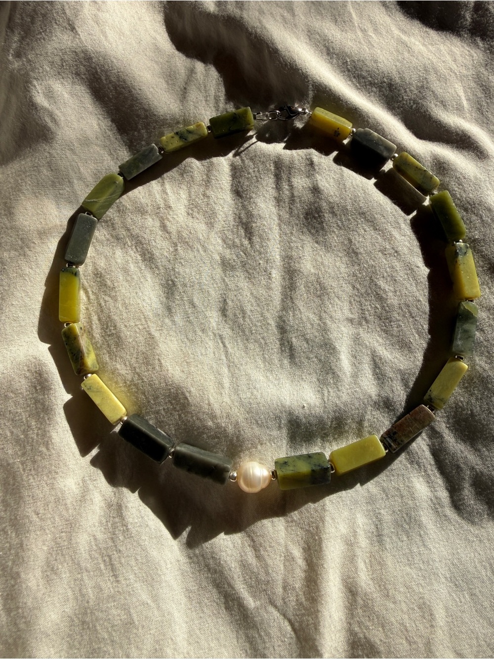 Green Stone Bead Necklace with Pearl Accent